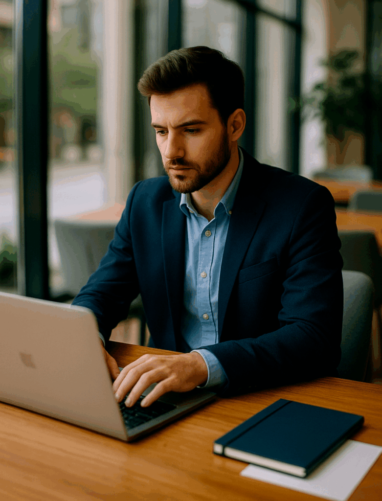 Fotografía realista estilo cámara 35mm de un joven profesional trabajando en un portátil en oficina moderna, captada con luz natural y enfoque humano para transmitir confianza y cercanía.